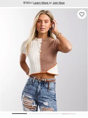 Buckle Two-Tone Cream and Brown Knit Crop Top